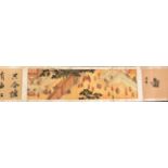 A Chinese silk mounted scroll depicting a palace scene, L. 2.5m.