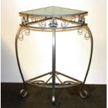 A silver painted metal and glass corner table, H. 77cm, W. 40cm.