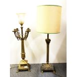 Two gilt brass column table lamps, H. 84cm 77cm.