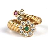 A yellow metal (tested minimum 18ct gold) ring set with diamonds, emeralds and rubies, (F).