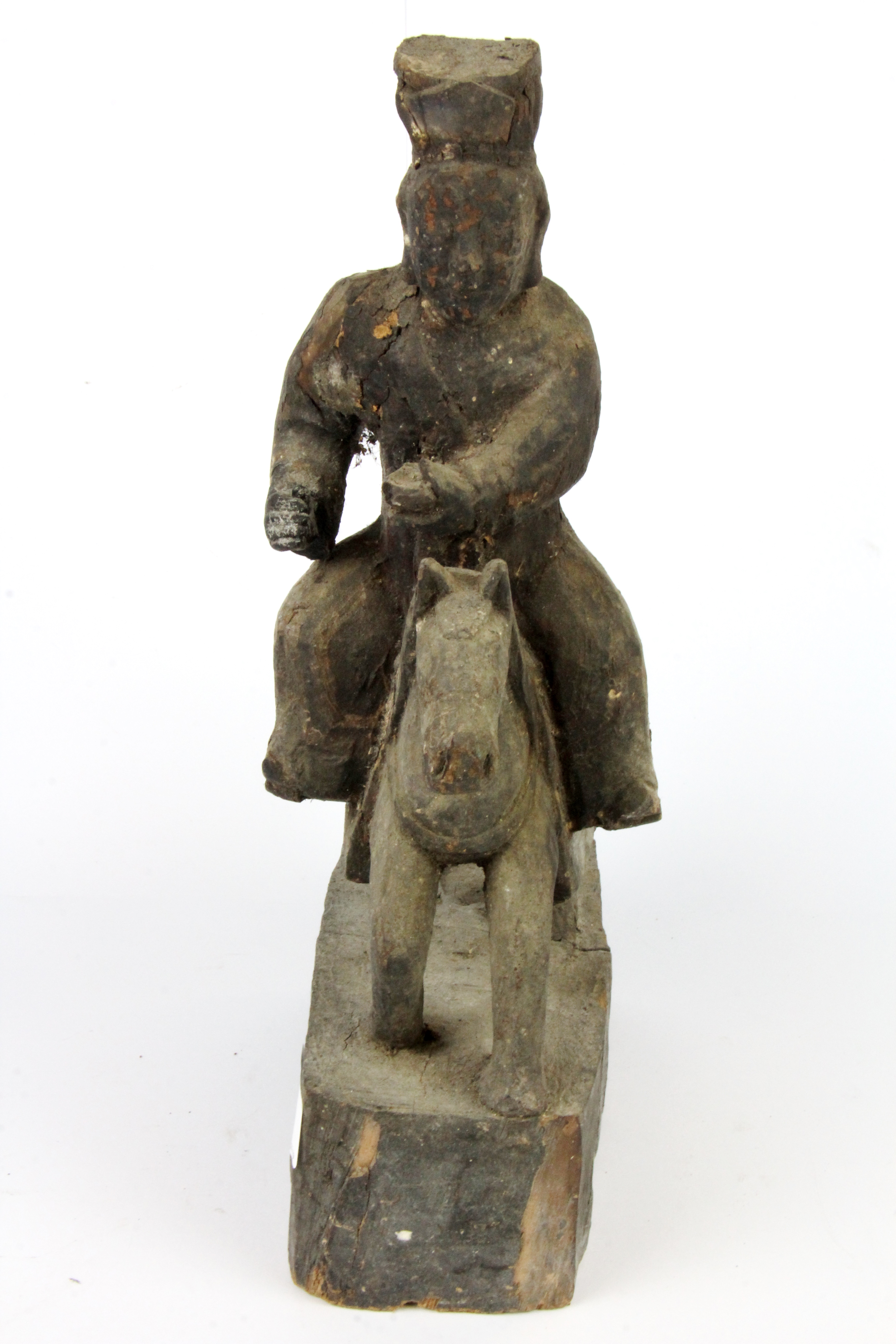 A rare Chinese Qing dynasty carved wooden figure of a deity riding a horse with a prayer cavity in - Image 2 of 4