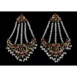 A pair of 22ct yellow gold (stamped 22ct) drop earrings set with pearls, rubies, emeralds and