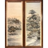 Two large framed Japanese woven silk panels, framed size 173 x 67cm.