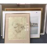 A large framed watercolour of a Georgian house and three further pictures including a print pencil