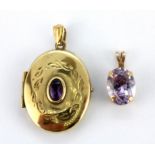 A 9ct yellow gold amethyst set locket pendant together with a 9ct gold amethyst set pendant, L. 2.