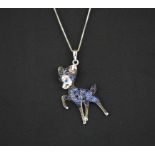 A 925 silver fawn shaped pendant and chain set with round cut sapphires, L. 4.5cm x 2cm.