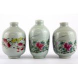 Three Chinese porcelain hand painted snuff bottles, H. 6.5cm.