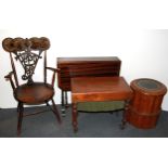 An inlaid mahogany Pembroke table, a Victorian mahogany work box, a commode stool and a small Art