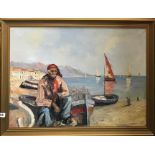 A framed oil on canvas depicting a Mediterranean scene with indisinct signature, framed size 80 x