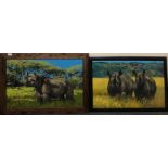 A framed oil on board of a rhino, signed Joel Kirk size 87 x 61cm together with a further oil on