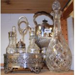 A Walker & Hall Edwardian spirit kettle on stand with a silverplated cruet and a cut glass