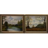 A pair of framed acrylic on board of hunting and fishing scenes, framed size 68 x 54cm.