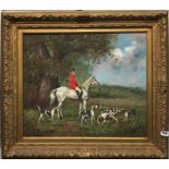 A gilt framed oil on canvas hunting scene, framed size 80 x 70cm.