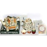 Two Portmeirion collector's teapots and a ceramic clock together with three Jersey pottery items and