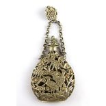 A Chinese white metal snuff bottle shaped pomander depicting birds among foliage, with carrying