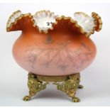 A Victorian opaline glass bowl mounted on a gilt bronze stand with lion's paw feet, H. 20m.