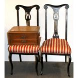 An oak cutlery case and two bedroom chairs, size 48 x 32 x 22cm.