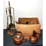 A box of mixed copper and brassware etc. with a companion set.