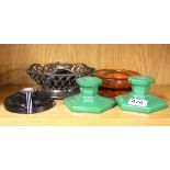 Two pairs of vintage candlesticks, a decanter coaster and a glass dish.