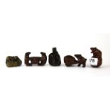 Five carved fruitwood netsukes and figures in the shape of mice, tallest 6cm.