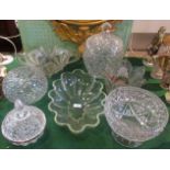 A cut glass lidded soup bowl, twin handled dish,