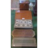 An Edwardian oak stationery cabinet, together with an oak writing box and three further boxes.