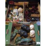 Three boxes containing a collection of miscellaneous items, to include: metalware horses,