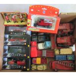 A collection of play-worn toys, to include: Dinky Super Toy fire engine, bulldozer, tractors,