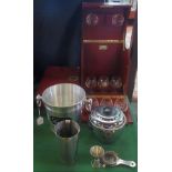 A mahogany Martell brandy box, containing eight brandy balloons lacking decanters,