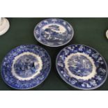 Three Wedgwood blue & white chargers, each depicting classical English scenes.