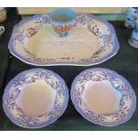 A large Spode blue & white meat plate, together with two matching soup bowls and a Gaudi vase.