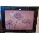 A contemporary glass panel depicting silver daisies and globular beads,