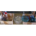 A large quantity of cut, moulded and coloured glassware, to include: decanters,