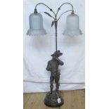 A 20th century spelter table lamp, depicting Don Juan with twin glass shades.