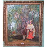 A contemporary gilt framed oil on canvas, a courting couple in woodland scene, indistinctly signed,