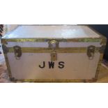 A contemporary metal and brass bound trunk, bearing the initials JWS.