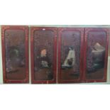 A set of four 20th century hardwood Oriental panels, depicting various Japanese scenes.