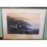 A twentieth century gilt framed and glazed oil on card, cranes in flight over forest, signed,