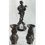 A 20th century bronze figural group, depicting a man with two geese,