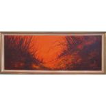 A mid-20th century oil on canvas, orange sky over reed beds.