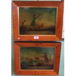 A pair of reproduction maple framed and glazed reversed paintings on glass,