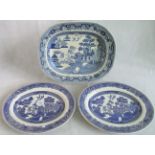 Three blue & white meat plates.