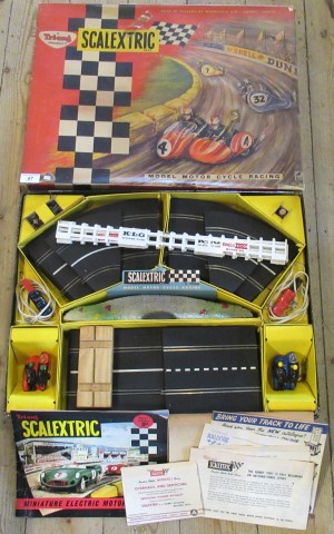 A Tri-ang Scalextric model Motorcycle Racing, comprising: track, fencing,