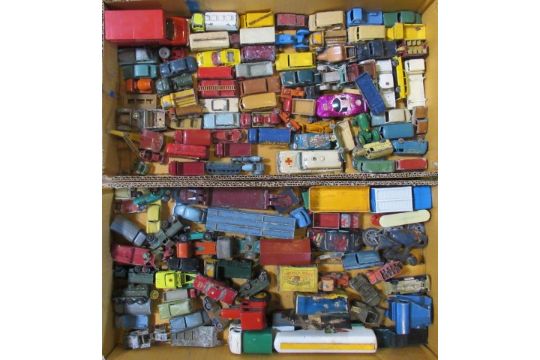 Two boxes containing a large quantity of Lesney Matchbox play worn vehicles.