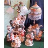 Two decorated table lamps together with six various Continental figurines.