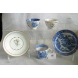 A Thomas Wolfe porcelain 'Temple pattern' blue & white coffee cup, tea bowl & saucer,