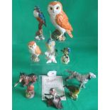 A collection of ten various figures, to include: two Beswick owls, a Beswick kingfisher,
