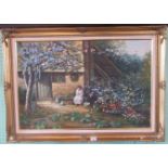 A mid-20th century gilt framed oil on canvas depicting a young girl in a country garden, 60 x 90cm.