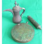 A Syrian coffee pot, together with a Beduin water carrier and a scroll holder.