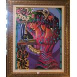 Otto Aguier, a large 20th century gilt framed oil on canvas, reflections of Latin American lady,